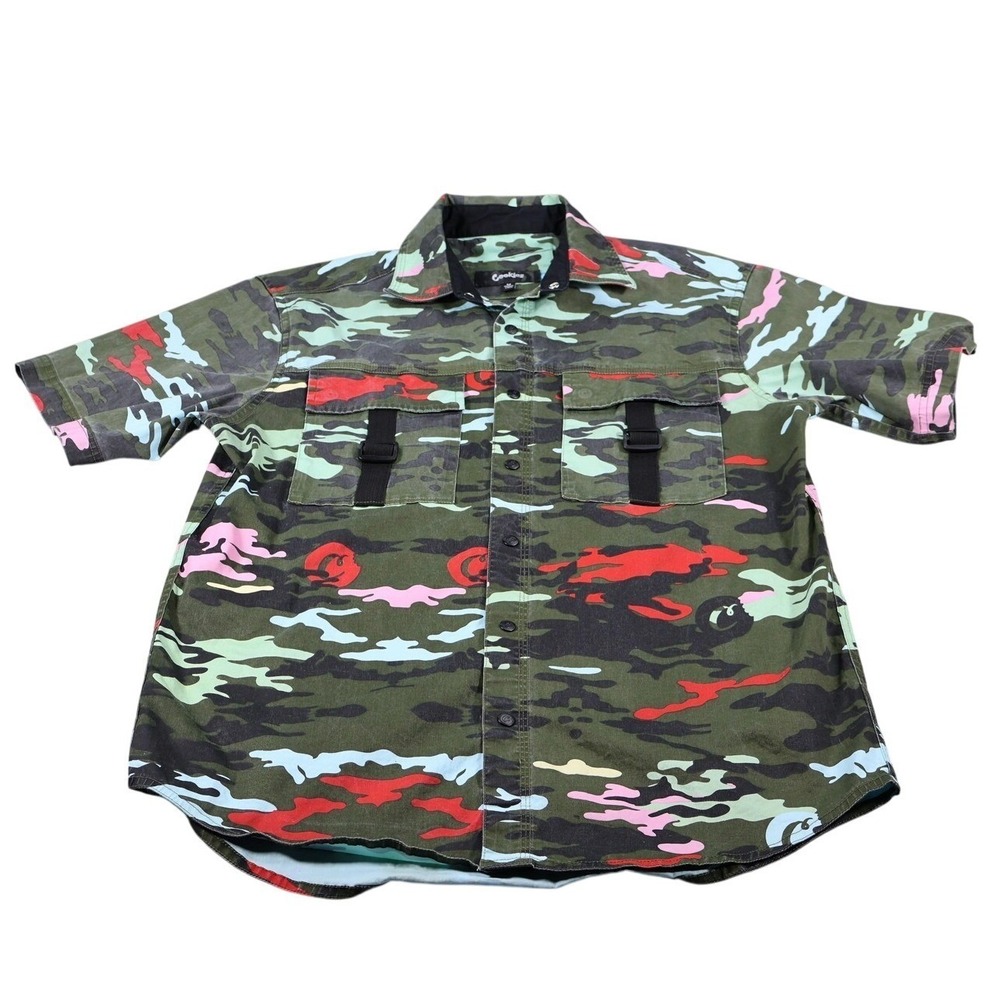 Cookies Shirt Mens M Green Cotton Button Up Camouflage Short Sleeve Casual
